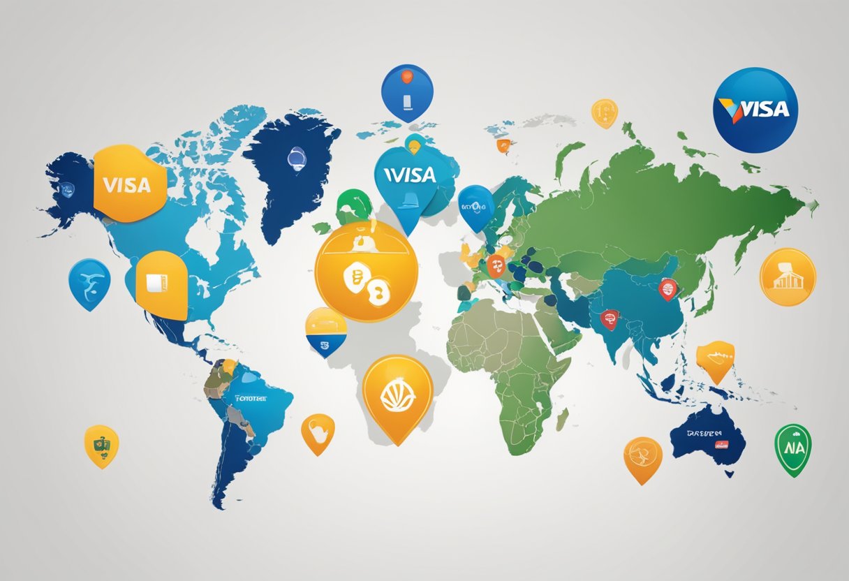 Visa's logo displayed on a global map with 145 countries highlighted, and a debit card with a crypto symbol