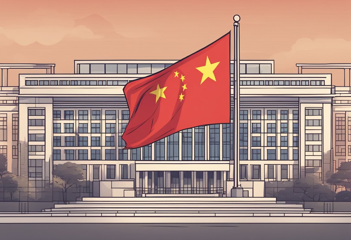 Chinese flag waving in front of a government building with a digital currency symbol superimposed, indicating China's regulatory approach to cryptocurrency