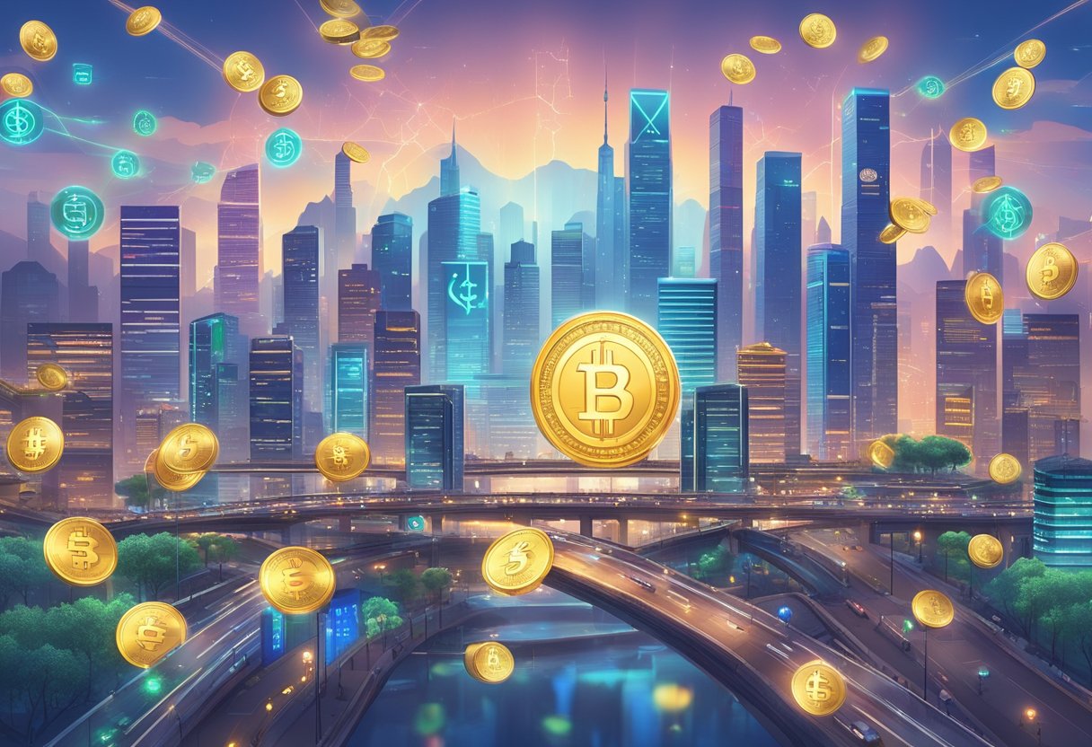 A bustling Chinese city skyline with digital currency symbols interwoven with traditional financial symbols, showcasing the ongoing integration of cryptocurrency despite regulatory challenges