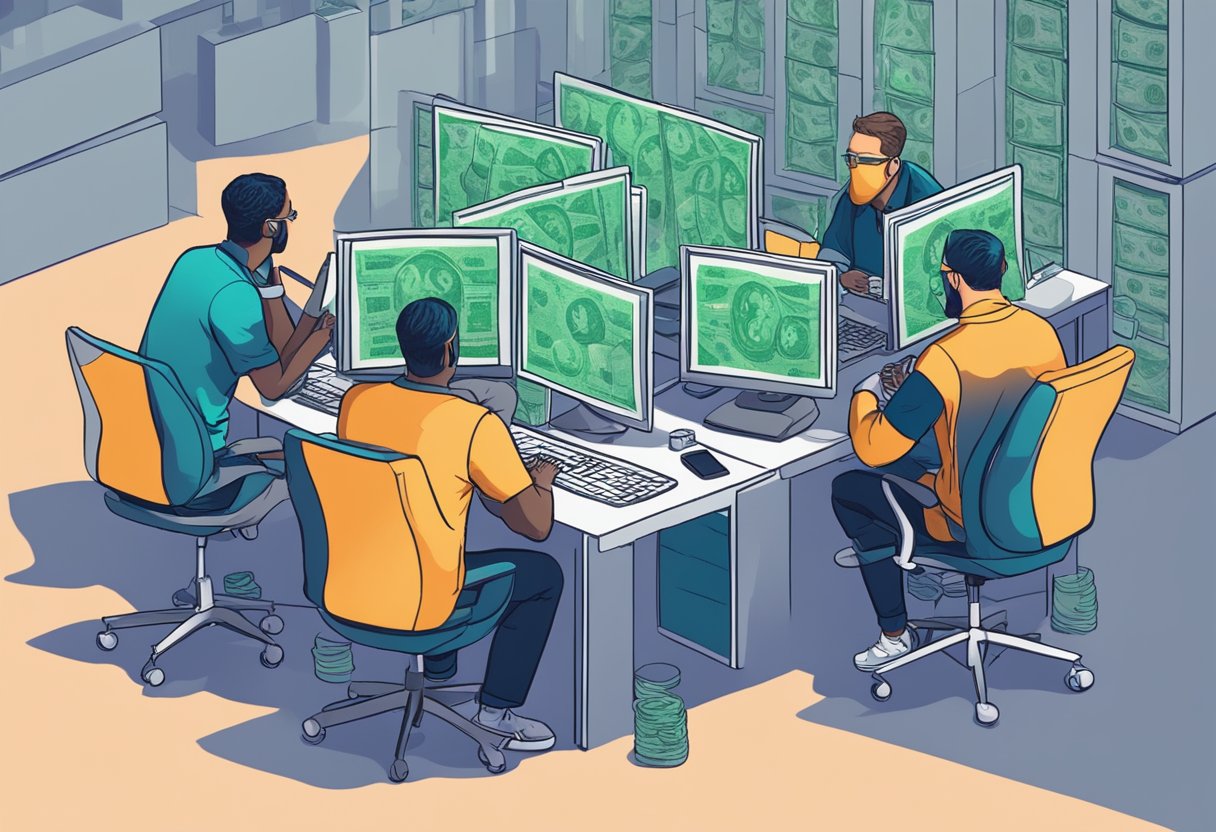 Three figures surrounded by computer screens and stacks of money, scheming and plotting a $400 million crypto hack conspiracy