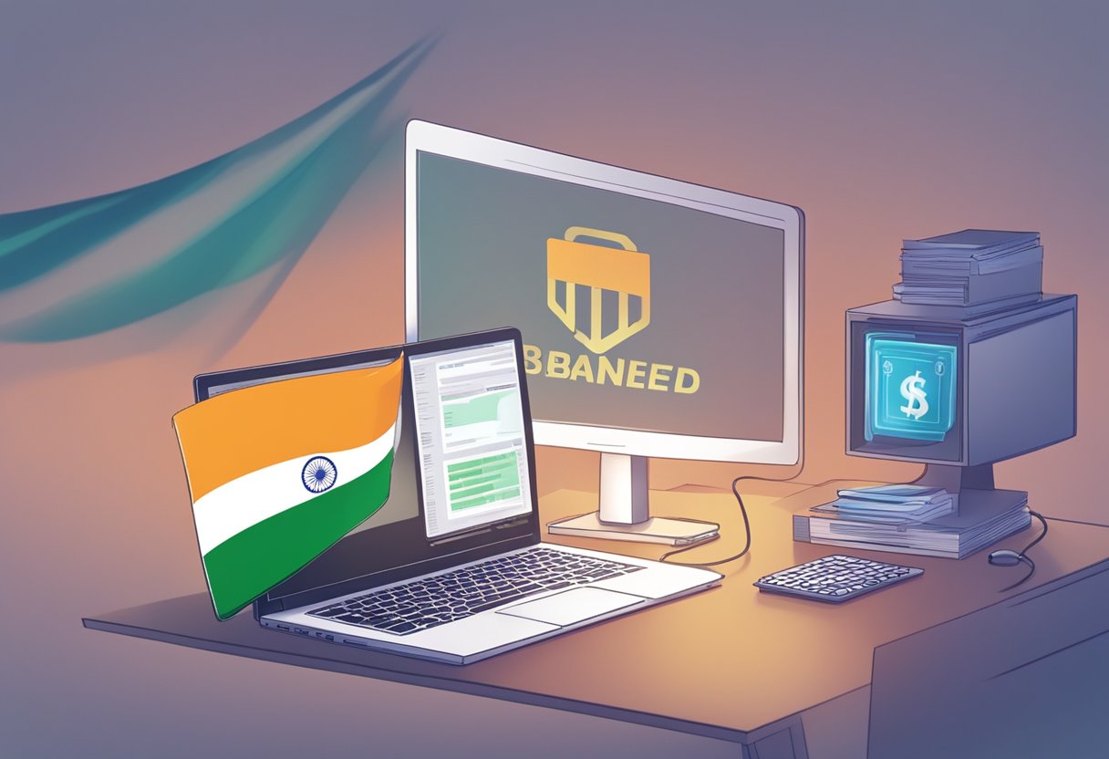 Indian flag waving in front of a computer screen with banned crypto exchange URLs displayed