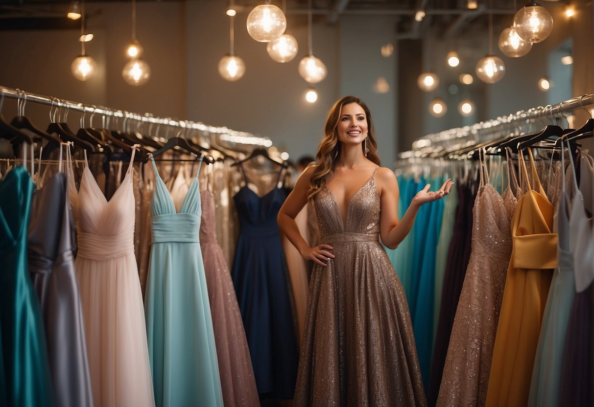 A woman browses racks of elegant dresses, holding up a flowing gown with a satisfied smile. Bright lighting and luxurious fabrics create a sense of glamour