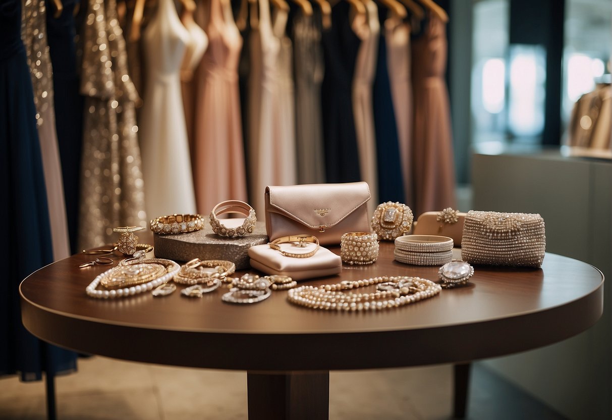 A table with various accessories laid out: jewelry, clutch bags, and shoes, next to a rack of elegant wedding guest dresses in a boutique setting