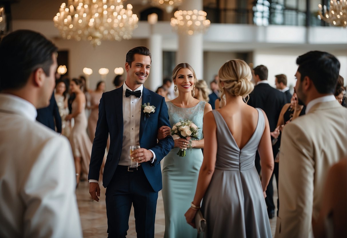 Guests in elegant attire mingle in a grand wedding venue, showcasing a variety of stylish dresses and suits