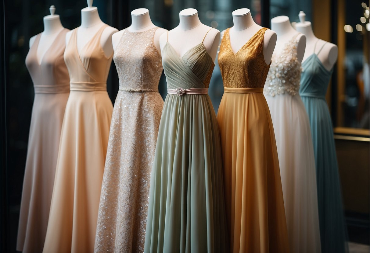 A row of elegant wedding guest dresses on display in a boutique window