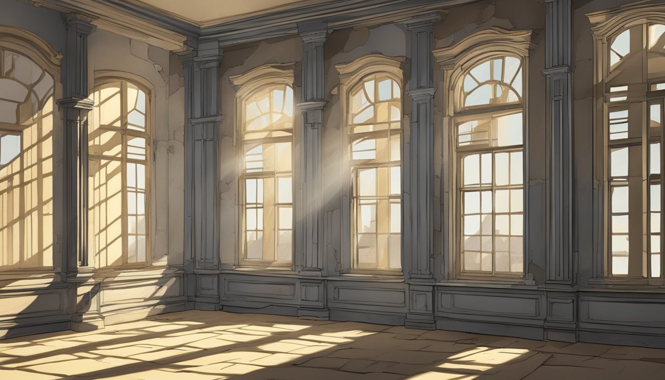 Sunlight filters through the aged windows, casting shadows on the crumbling walls of a historic building. Mold creeps along the intricate molding, threatening to erase the past