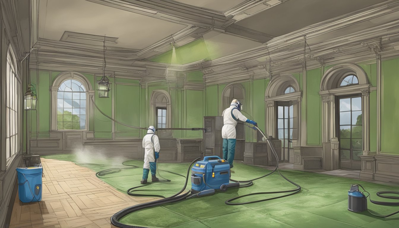 Mold removal equipment and protective gear used in a historic building. Surfaces being cleaned and restored to preserve the building's historical integrity