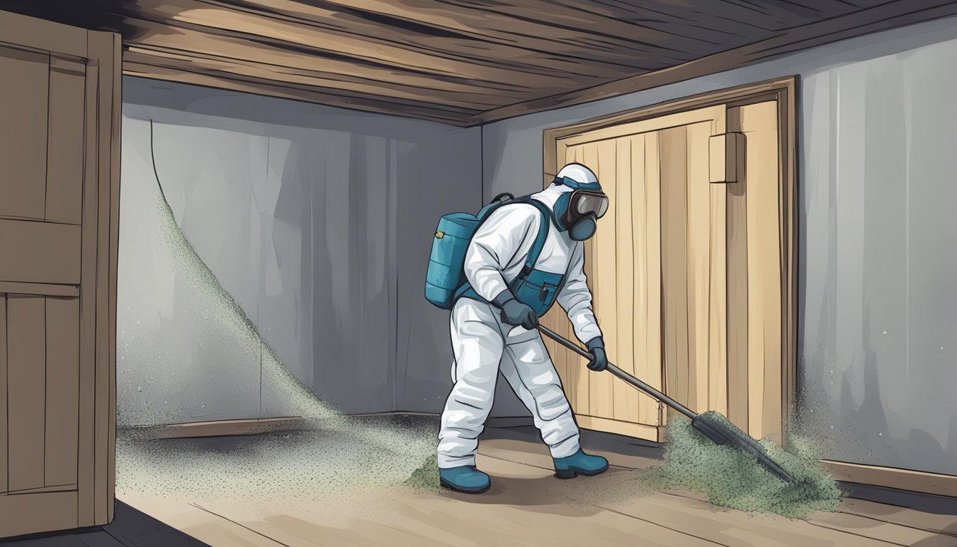 A certified mold remediation technician in full protective gear removes mold from a damp, dark basement using specialized equipment and techniques