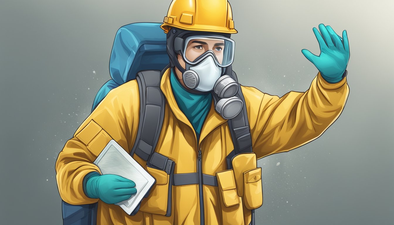 A professional mold remediation technician holding a certification badge while wearing protective gear and using specialized equipment to remove mold from a contaminated area