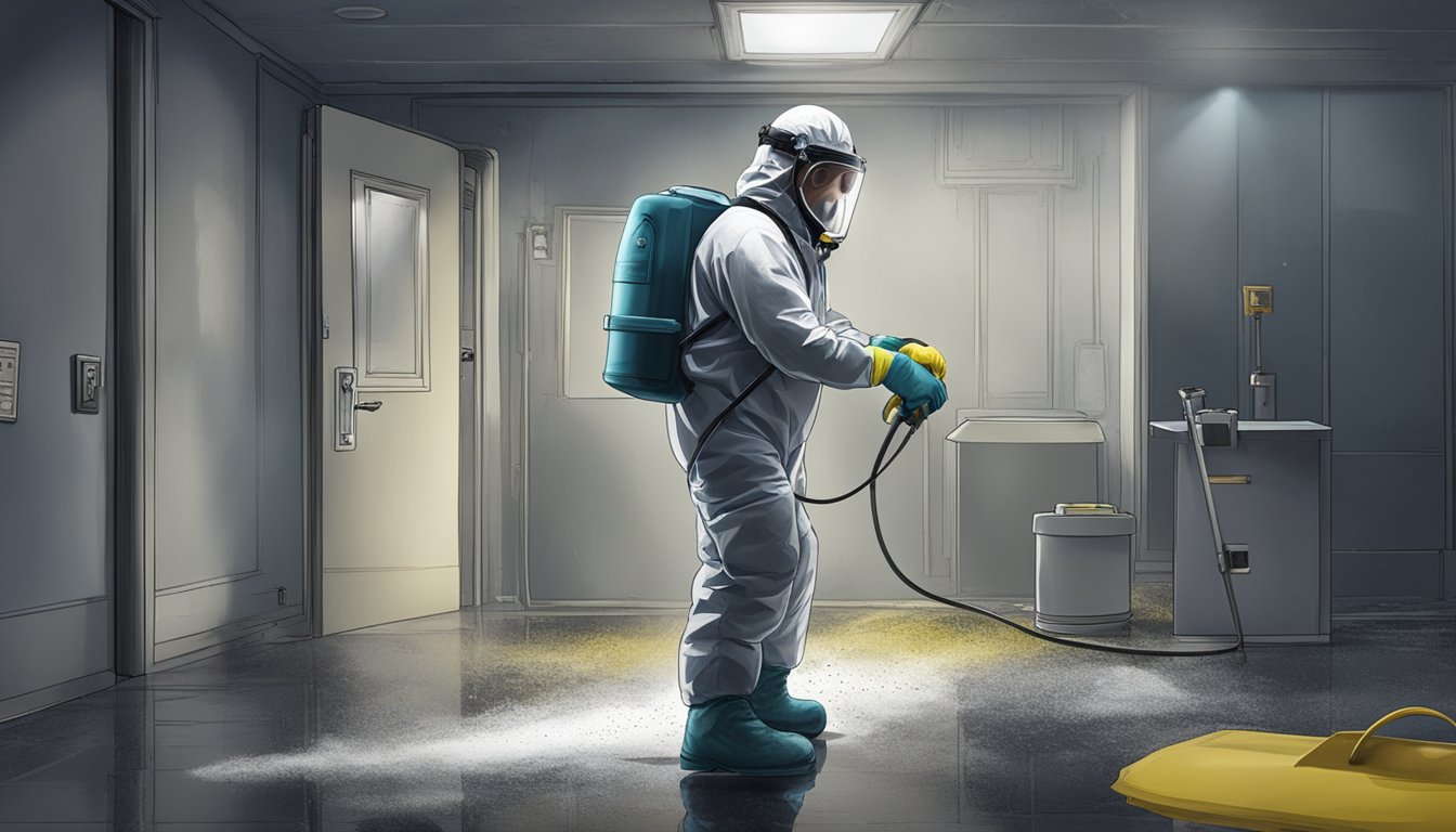 A professional in protective gear uses specialized equipment to remove mold from a damp, dark room. Certification badges are prominently displayed