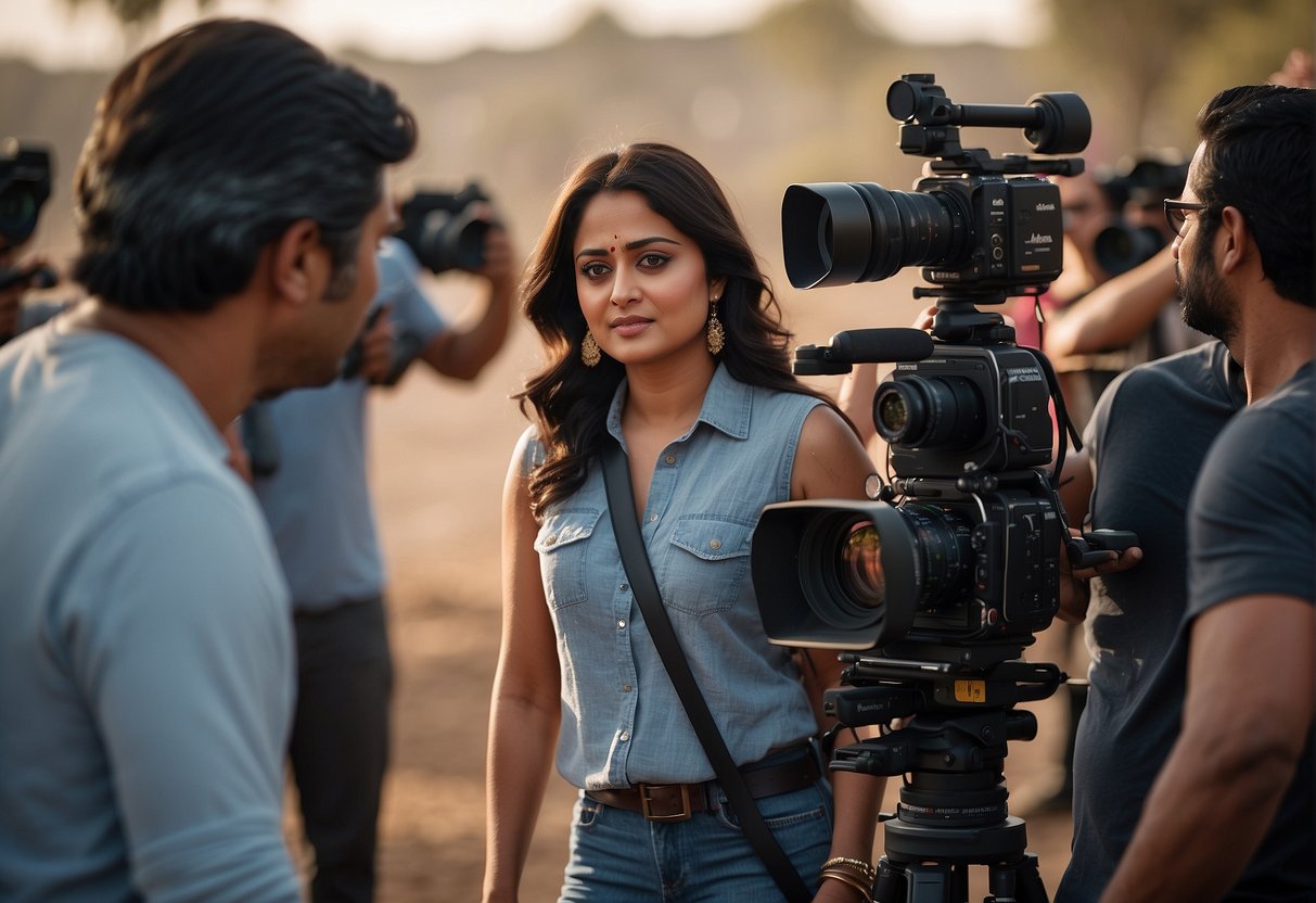 Anushka Shetty stands confidently on a film set, surrounded by cameras and crew members. The director gives her instructions as she prepares for her next scene