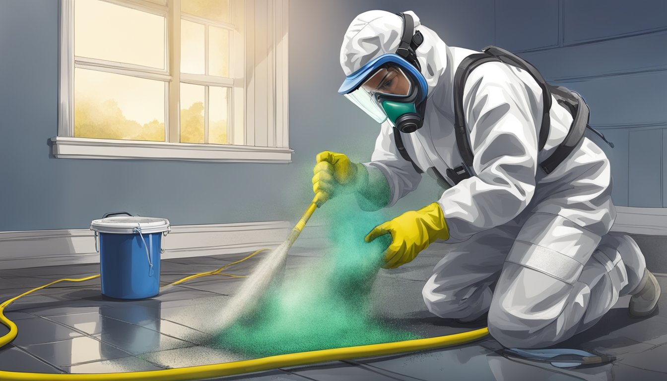 A certified mold remediation professional in full protective gear, using specialized equipment to remove mold from a contaminated area