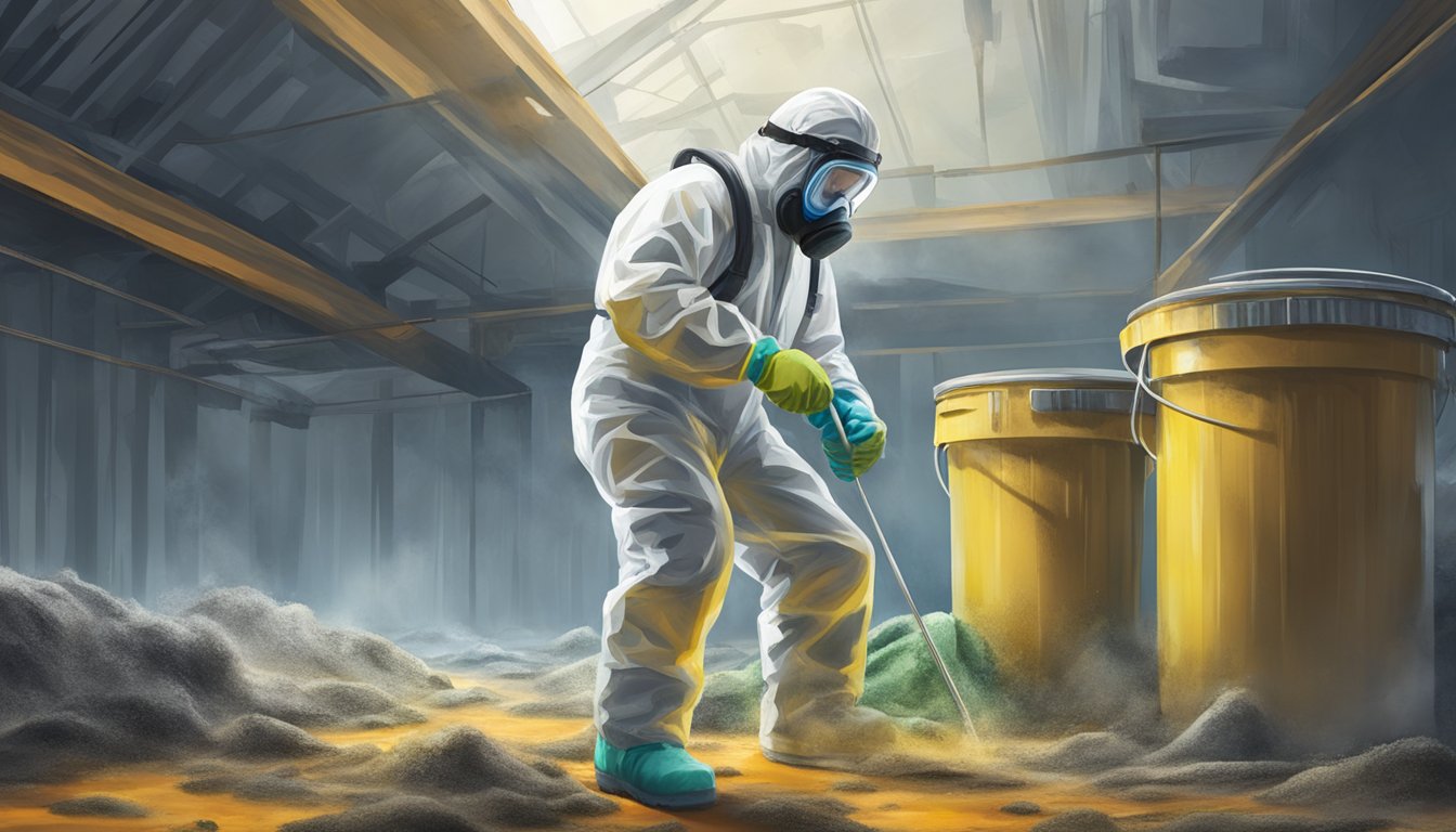 A professional wearing protective gear uses specialized equipment to remove mold from a contaminated area, following industry-standard protocols