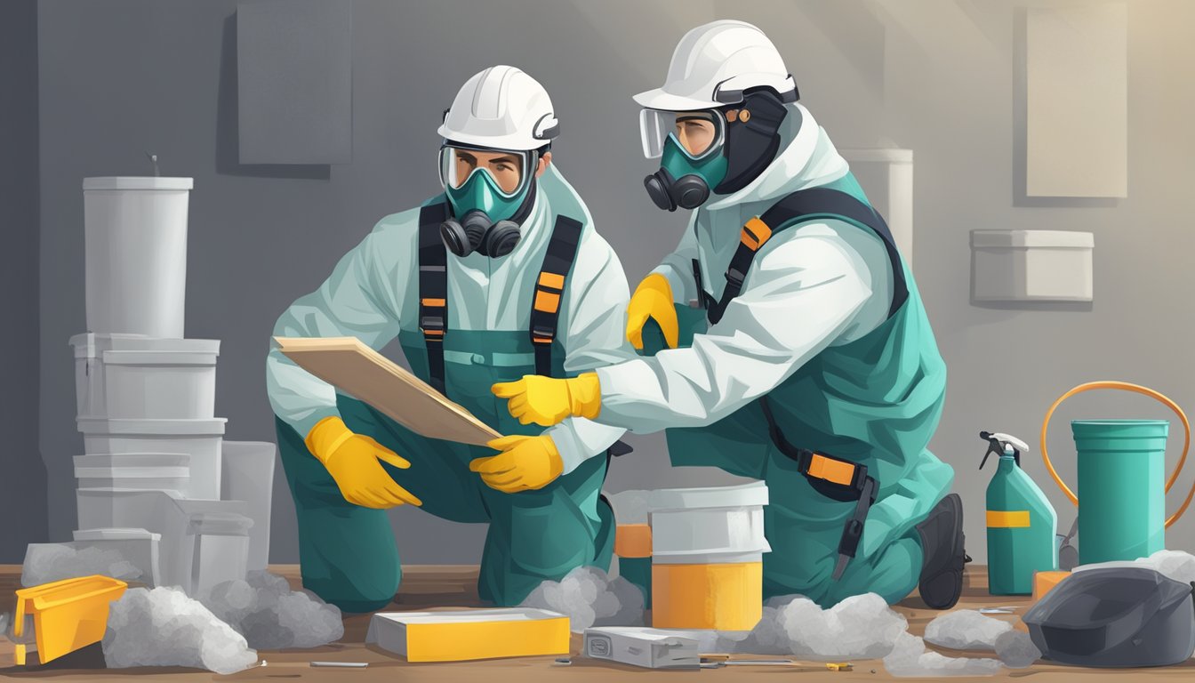 A professional mold remediation specialist in full protective gear, holding a certification badge, inspecting a mold-infested area with specialized tools