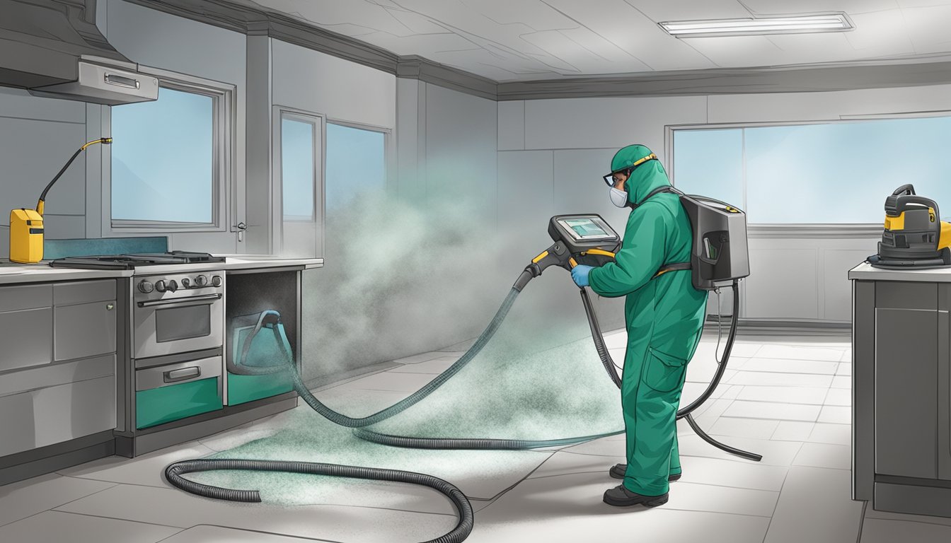 A technician using advanced equipment to eliminate mold from a heavily infested area, applying cutting-edge techniques