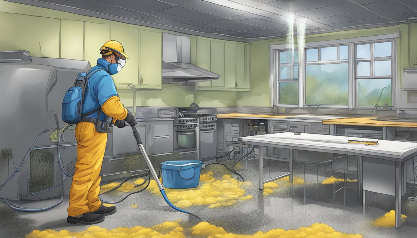 A technician uses advanced equipment to remove mold from a heavily infested area, employing innovative techniques and technologies for effective remediation
