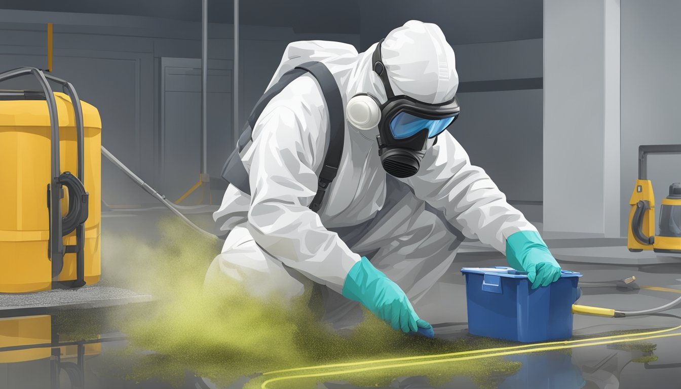 A technician using advanced equipment to remove mold from a contaminated area, wearing protective gear and following innovative remediation methods