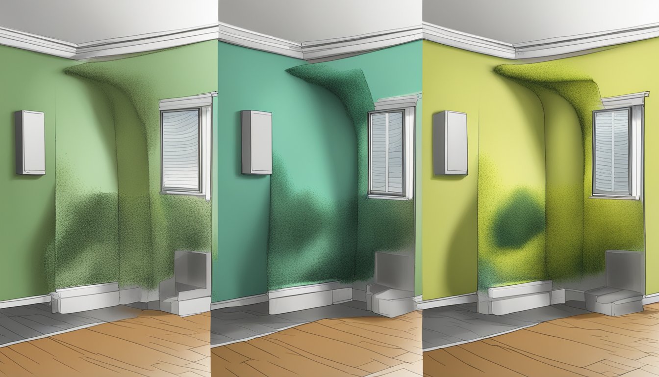 A mold-infested wall being treated with innovative removal techniques, showing before and after results