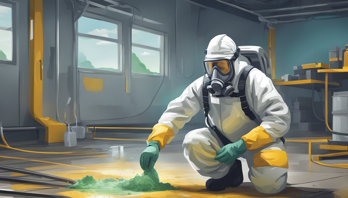 A technician in protective gear uses advanced tools to remove mold from a contaminated area, ensuring safety and environmental responsibility