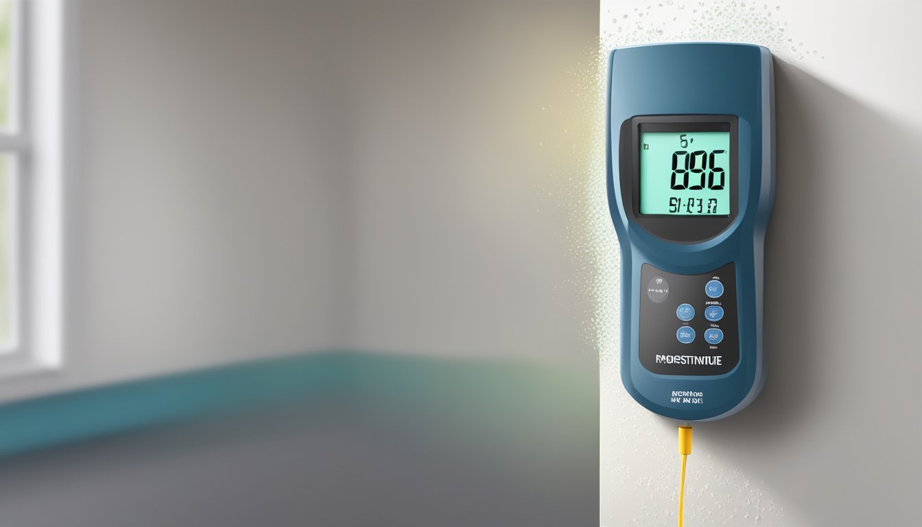 A moisture meter is held up to a damp wall. The digital display shows high moisture levels. A moldy patch is visible nearby