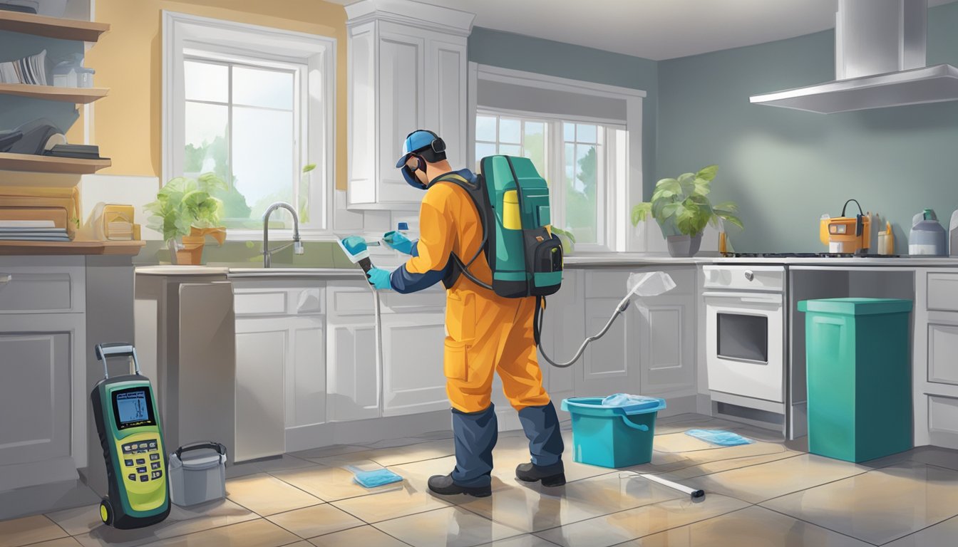A technician uses a moisture meter to inspect a damp, mold-infested area. Protective gear and cleaning supplies are nearby