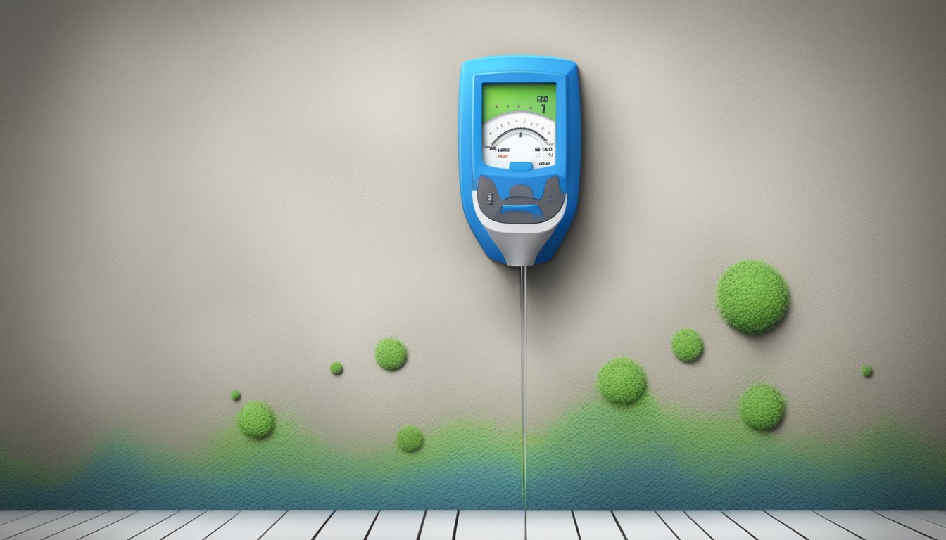 A moisture meter hovers over a damp patch on a wall, detecting hidden moisture. A moldy area is revealed, emphasizing the importance of using moisture meters in property maintenance