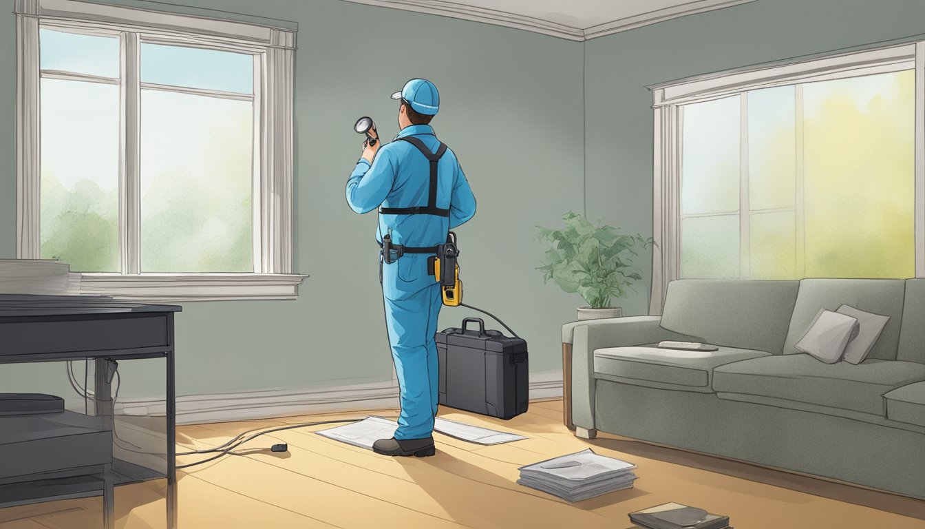 A professional mold inspector enters a well-lit room, equipped with a flashlight and testing equipment. They carefully examine walls, ceilings, and floors for signs of mold growth, taking notes and photographs for documentation