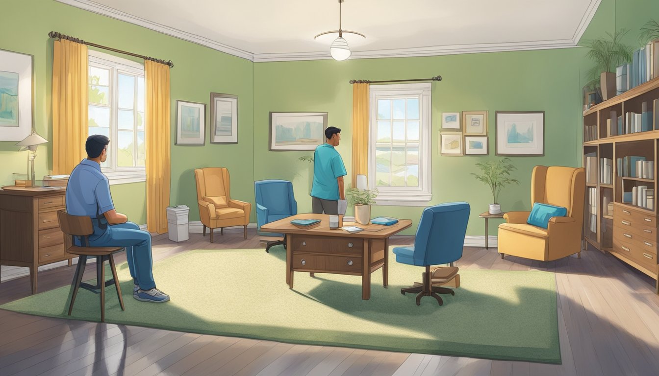 A clean, well-lit room with a professional mold inspector examining walls, floors, and ceilings for signs of mold growth. Furniture and personal items are neatly organized and free of clutter