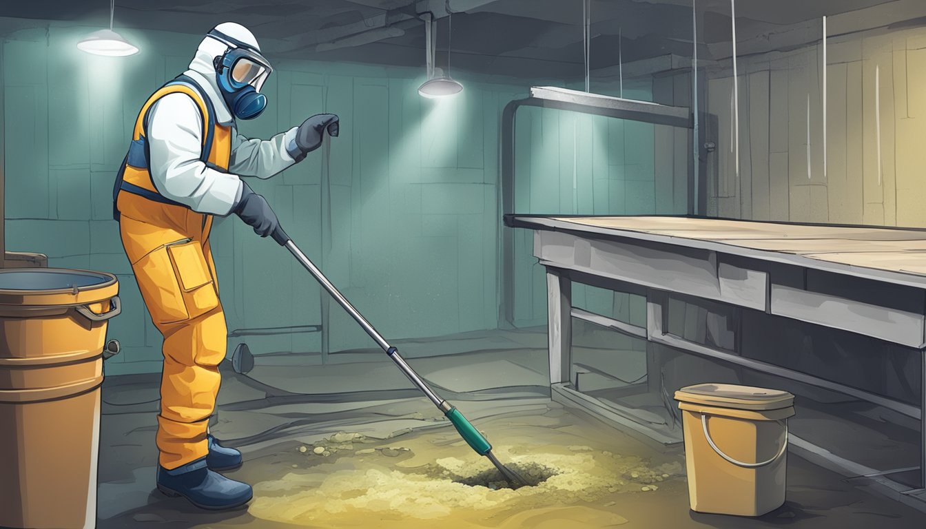 A mold inspector in protective gear examines a damp, musty basement. They use tools to test surfaces for mold spores and take samples for analysis