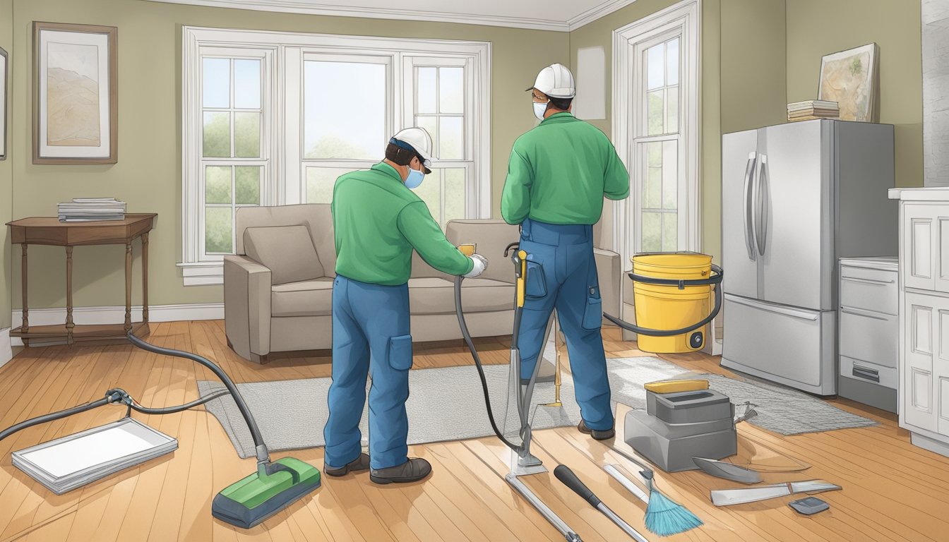 A professional mold inspector examines a home, using tools and equipment to assess potential mold growth. The homeowner prepares the space by removing clutter and ensuring easy access to all areas for inspection