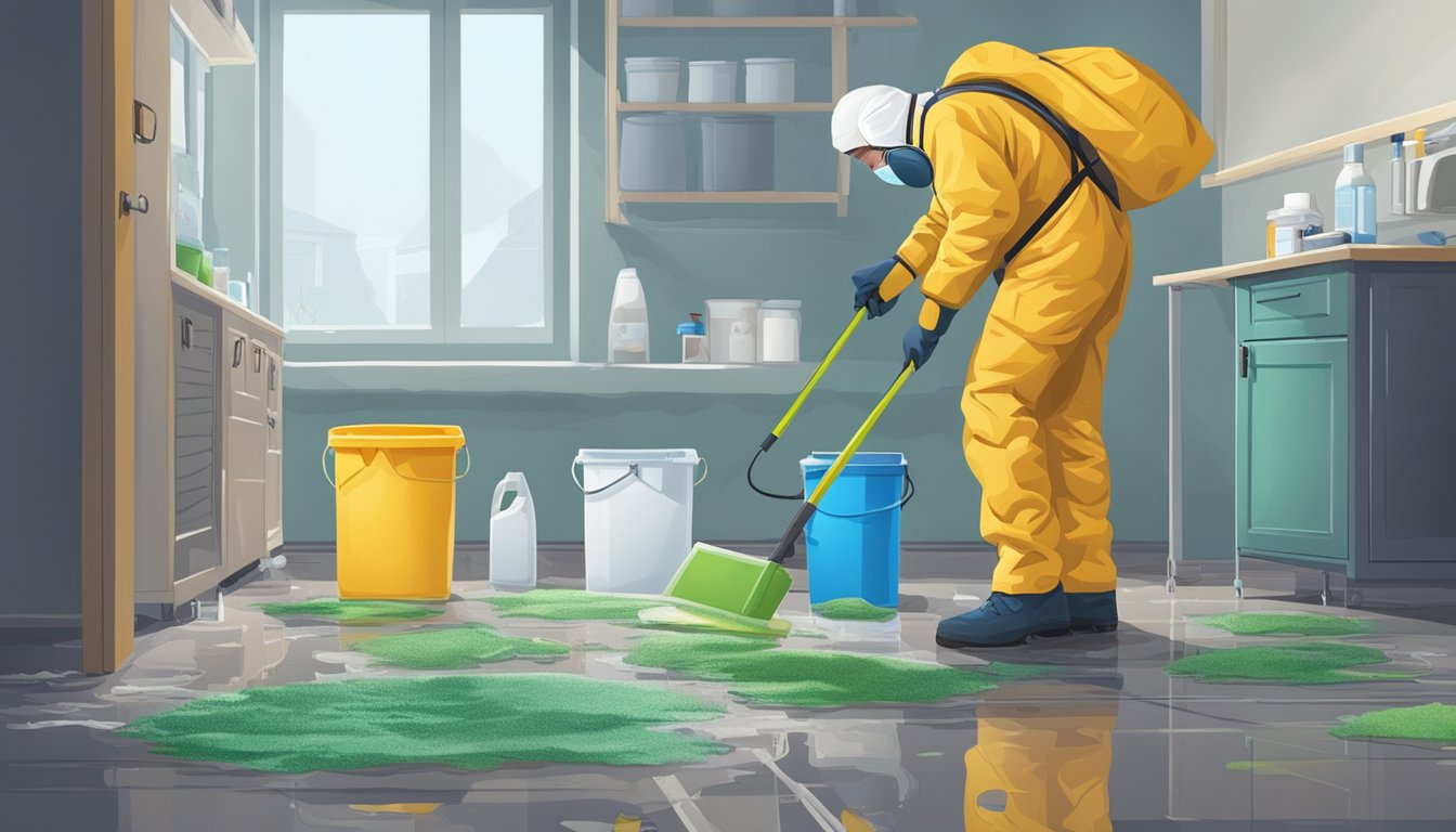 A technician in protective gear inspects a damp, moldy room. Equipment and cleaning supplies are laid out, ready for remediation