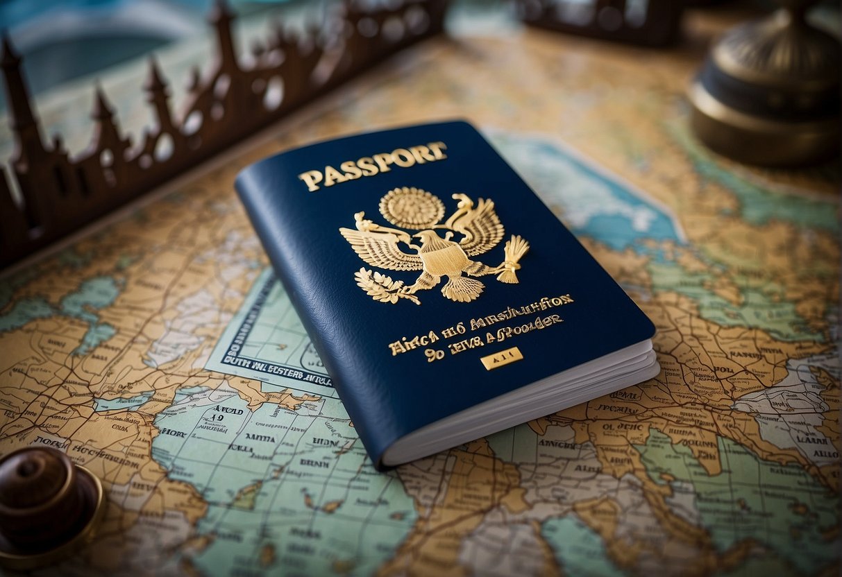 A passport surrounded by iconic landmarks, cultural symbols, and natural wonders, representing the 10 benefits of traveling abroad