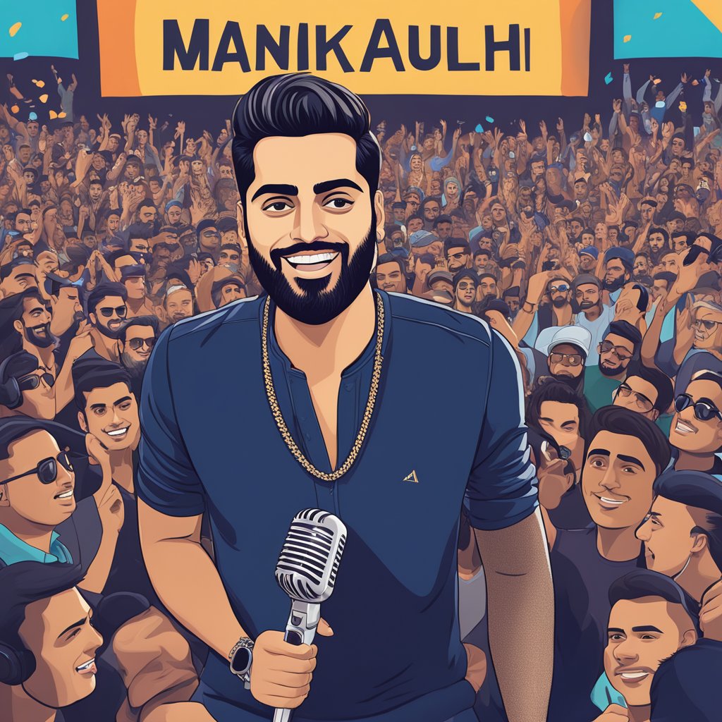 Mankirt Aulakh's biography: a microphone on a stage, surrounded by adoring fans, with his name in bold letters on a poster