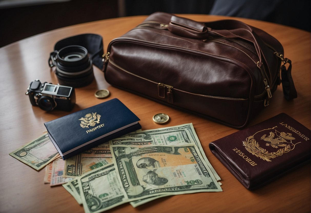 Passport, tickets, and money laid out on a table. Suitcase open with clothes being packed. A map and guidebook on the side