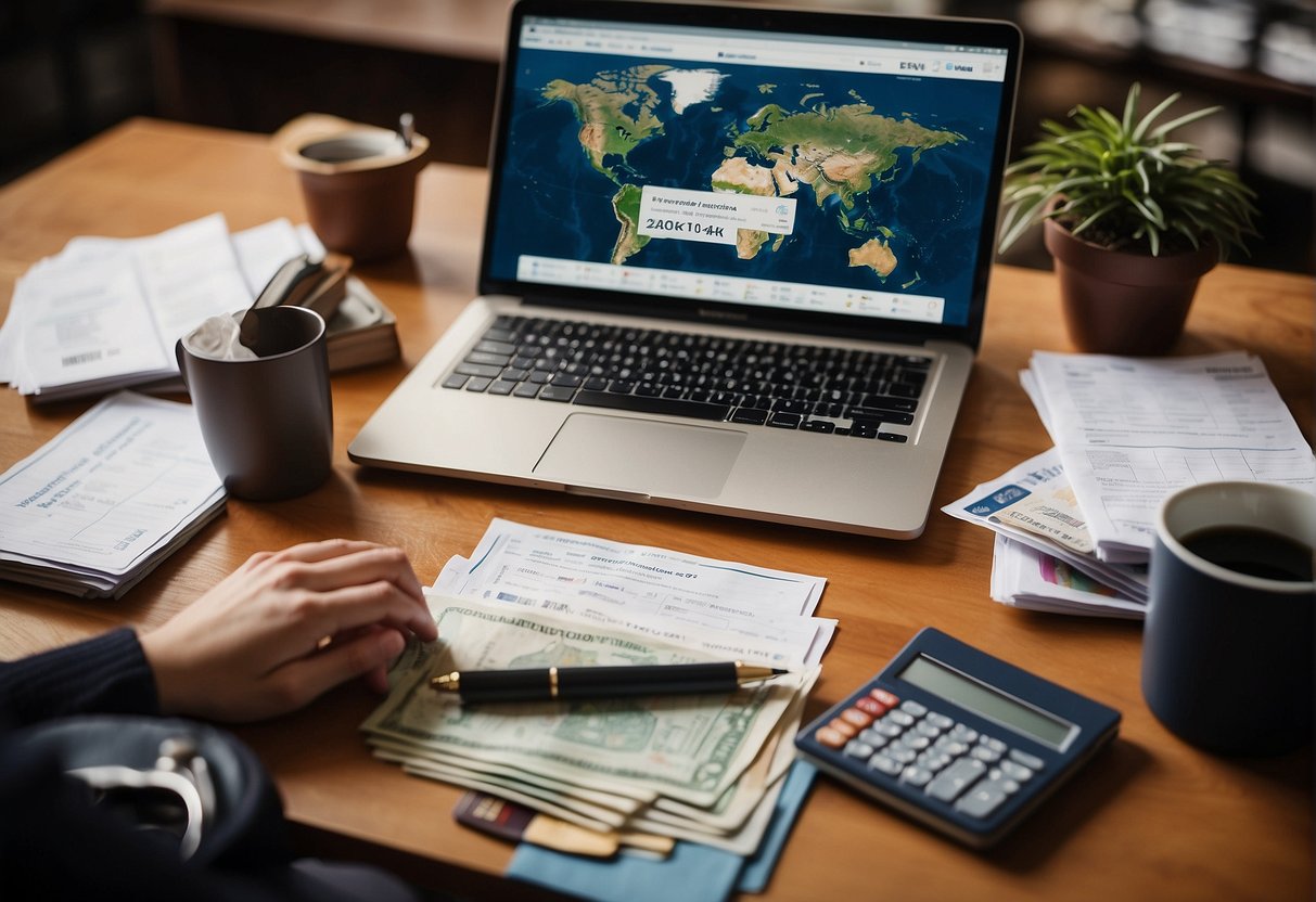 A person sits at a desk with a laptop and open notebook, surrounded by travel documents, currency, and a calculator. They are researching and planning their finances before their first trip abroad