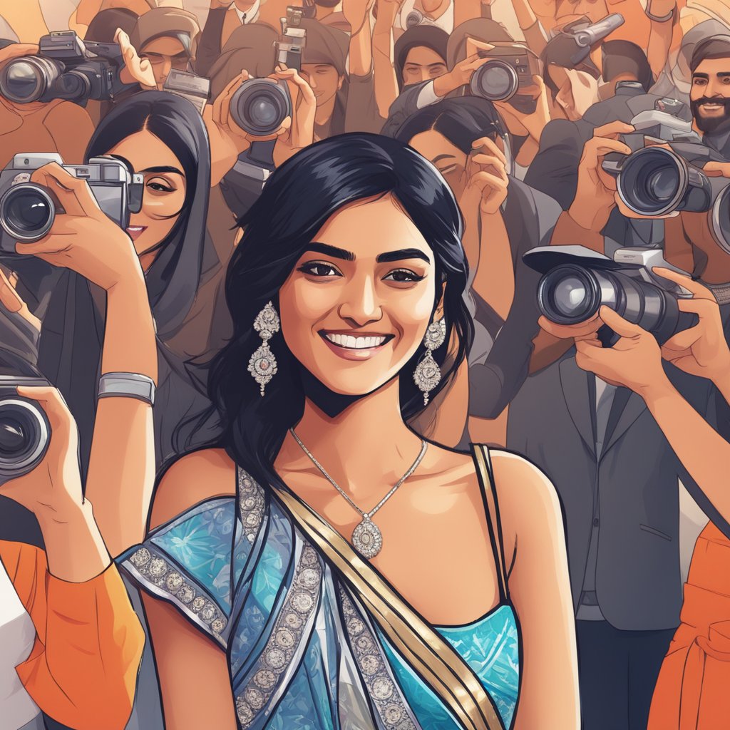 Mrunal Thakur smiling on a red carpet, surrounded by flashing cameras and adoring fans