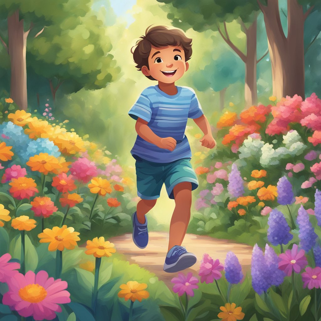 A young boy playing in a vibrant garden, surrounded by tall trees and colorful flowers, with a sense of innocence and joy in the air