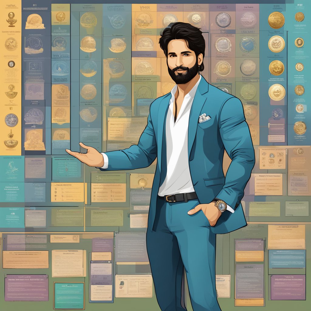 Shahid Kapoor's career milestones and personal life displayed in a timeline with awards and accolades