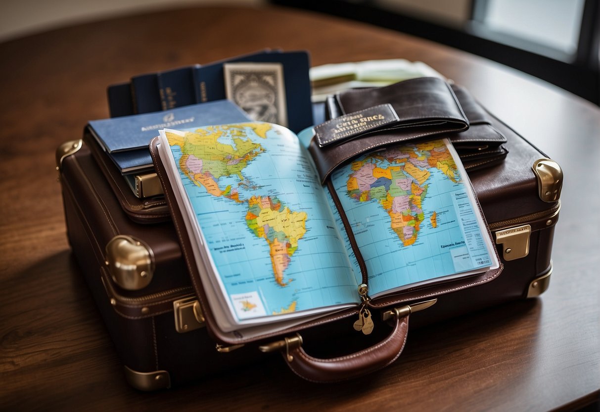 Passport, travel insurance, and vaccination records laid out on a table. Suitcase open with clothes neatly packed. Map and guidebook next to a travel wallet with foreign currency