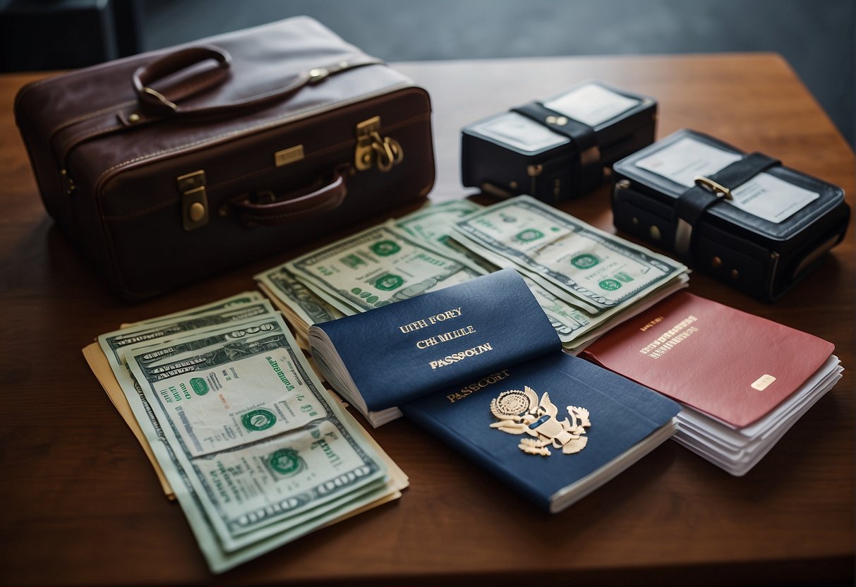 Passport, tickets, and currency laid out on a table with a suitcase open and clothing being folded and packed inside. Checklist on the wall