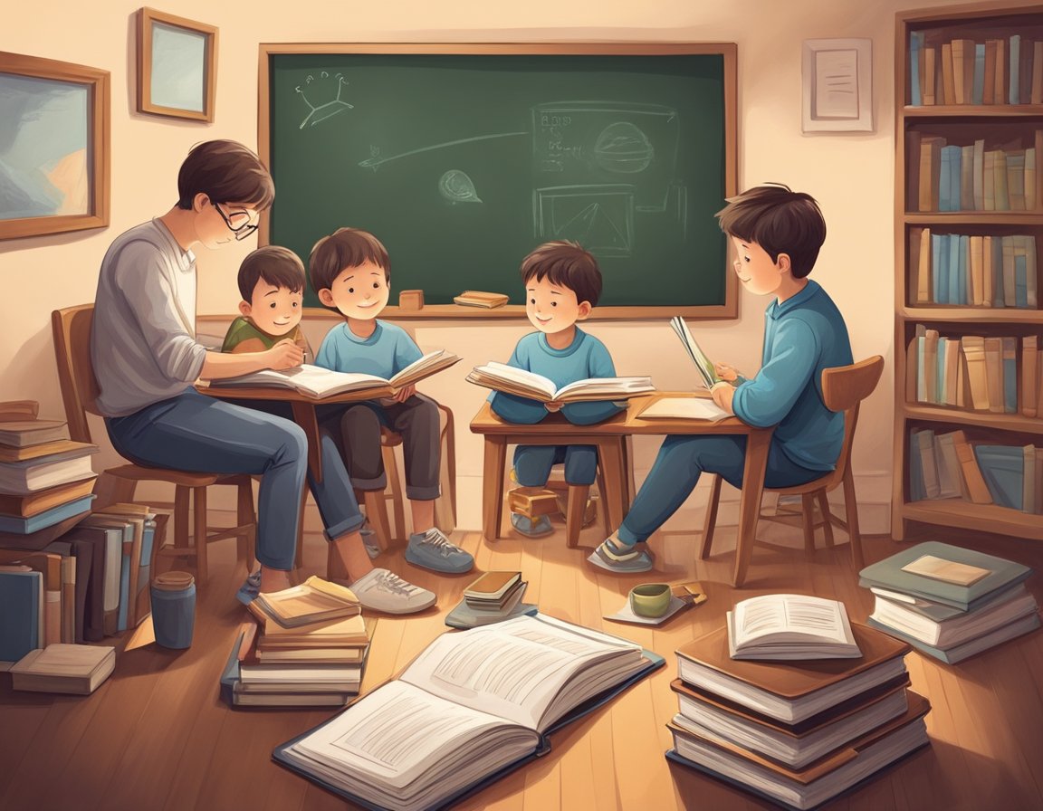 A young boy studying with books and a chalkboard, surrounded by a supportive family and a nurturing environment