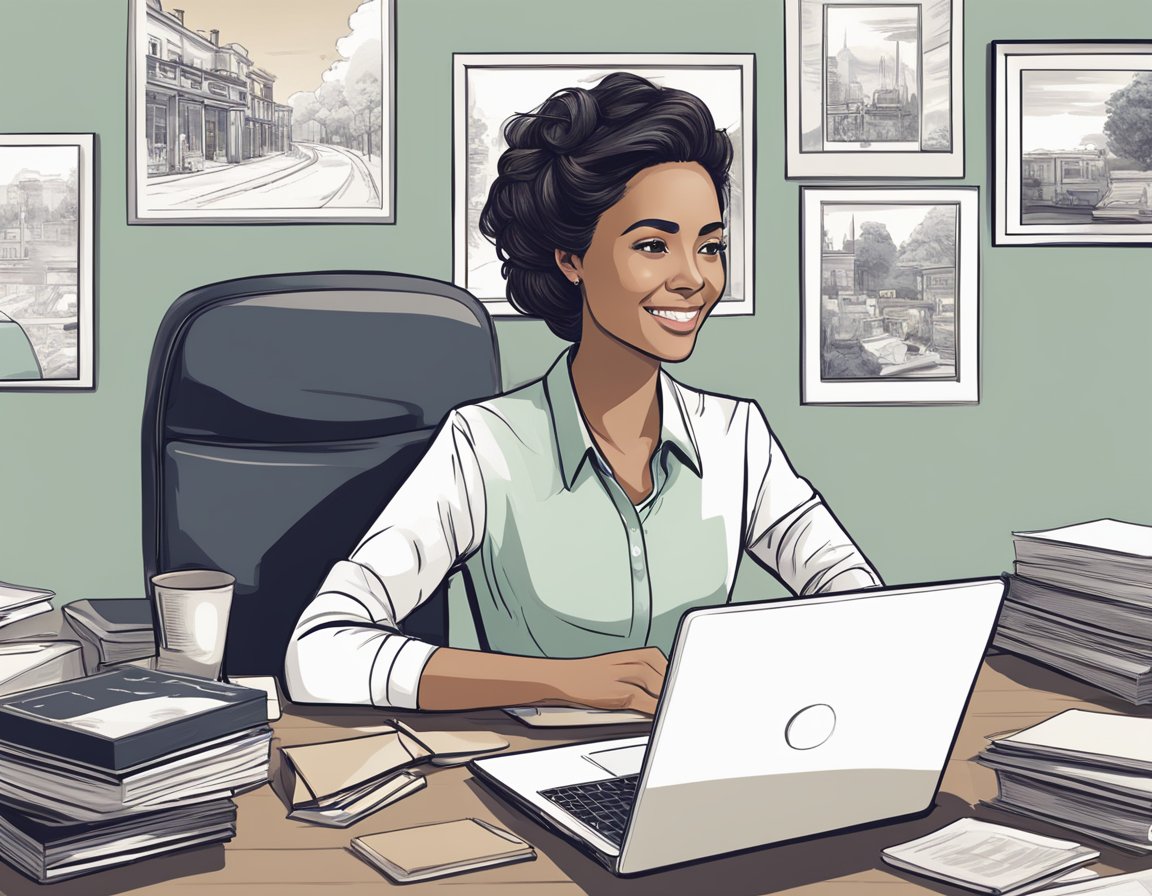 A woman sits at a desk, surrounded by family photos and a laptop. She is focused and determined, with a warm smile on her face