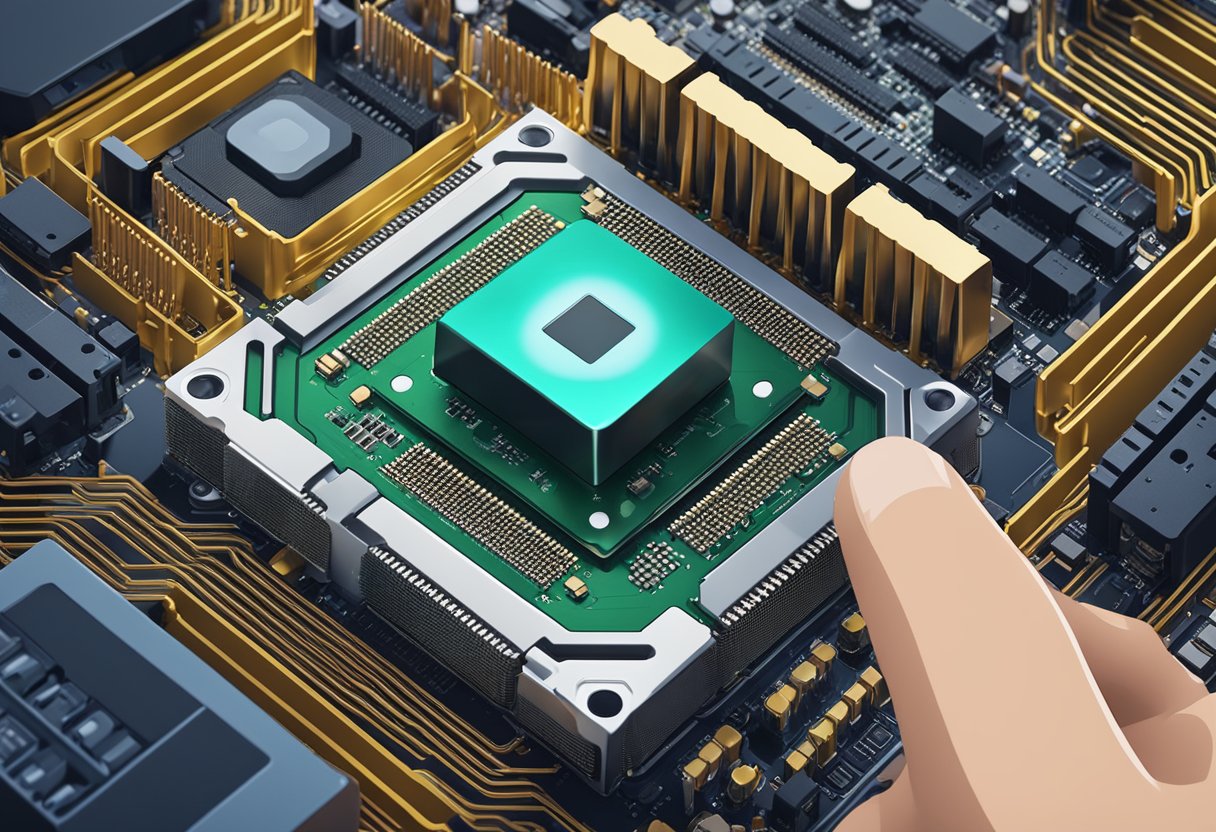 A hand holding a CPU above a motherboard socket, ready for installation