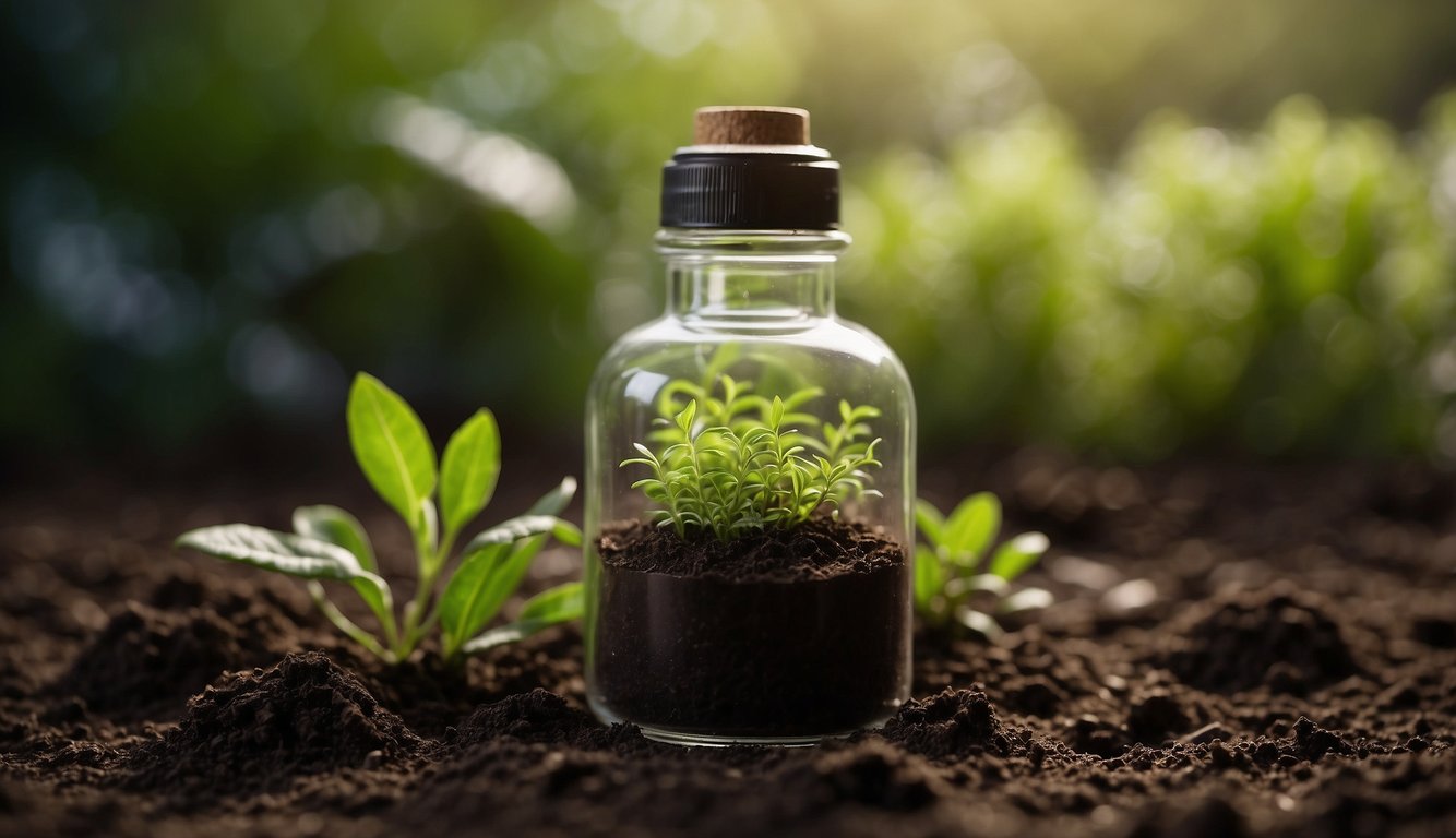 A bottle of organic rooting hormone surrounded by plant cuttings and a small pot of soil