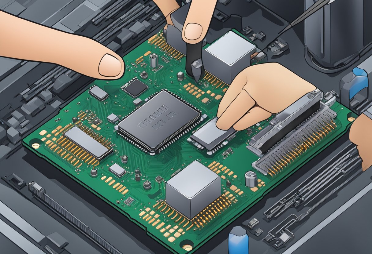 A CPU being inserted into a motherboard socket, with the installation and configuration process being depicted through the use of arrows, labels, and connecting lines