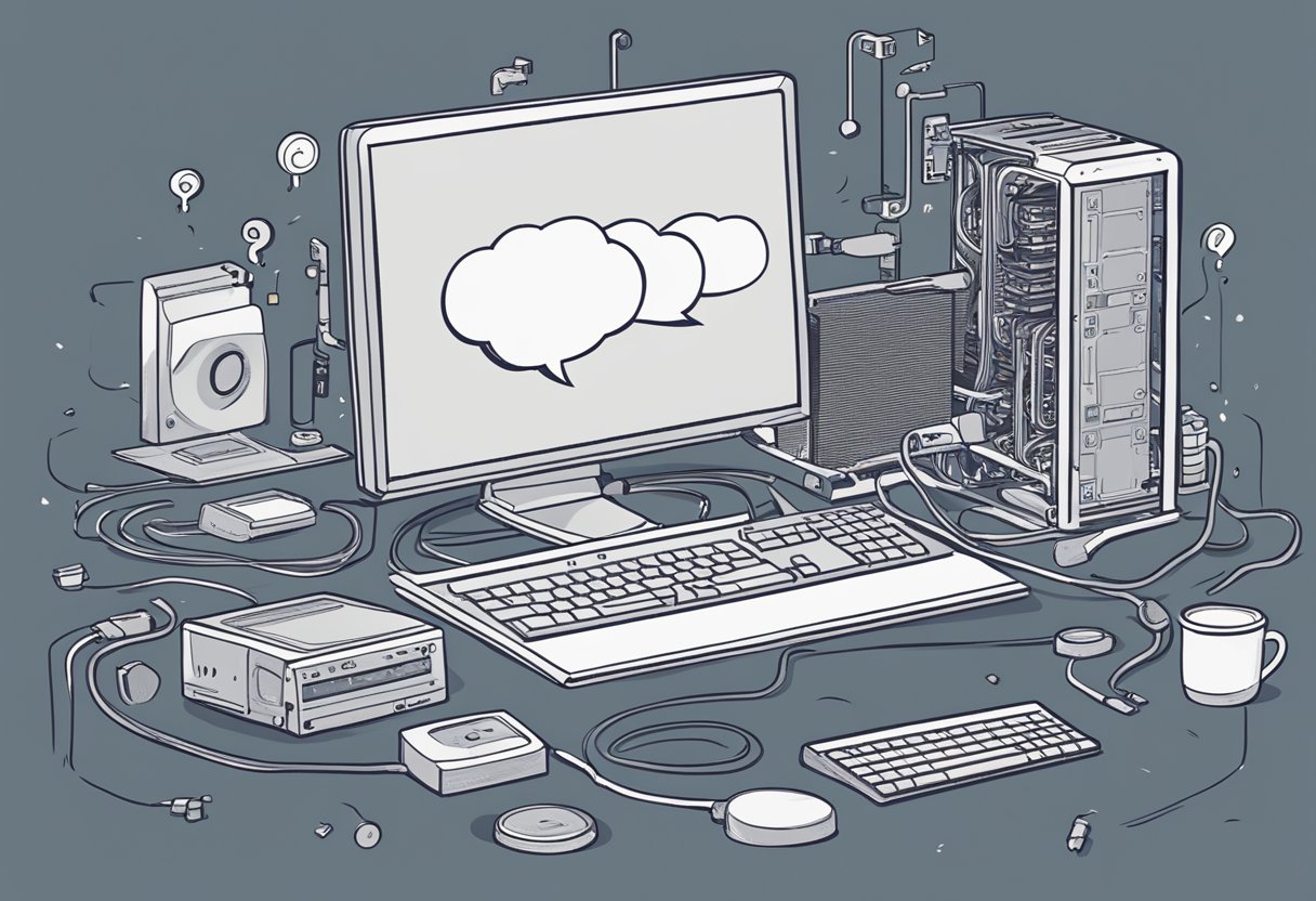 A computer with two CPU cores sits on a desk, surrounded by various components. A thought bubble above it shows question marks, indicating uncertainty about its performance