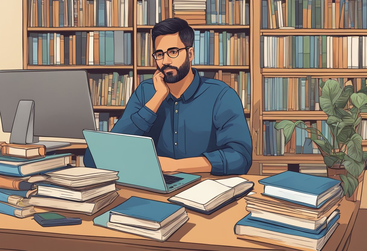 A man researching Devdatta Nage's life, surrounded by books, a laptop, and family photos
