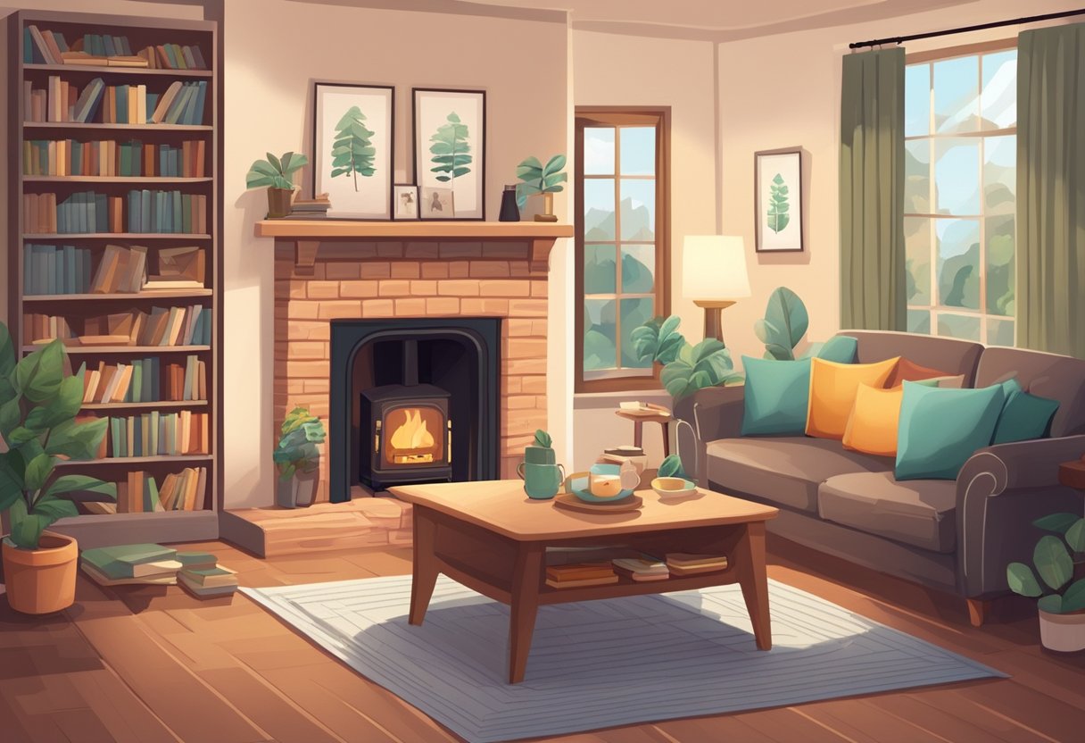 A cozy living room with family photos on the wall, a comfortable sofa, and a warm fireplace. A bookshelf filled with books and a table with a cup of tea completes the scene