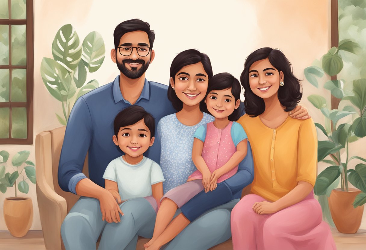 A serene family portrait with Sriti Jha, her husband, and children, capturing their love and bond in a warm, cozy setting