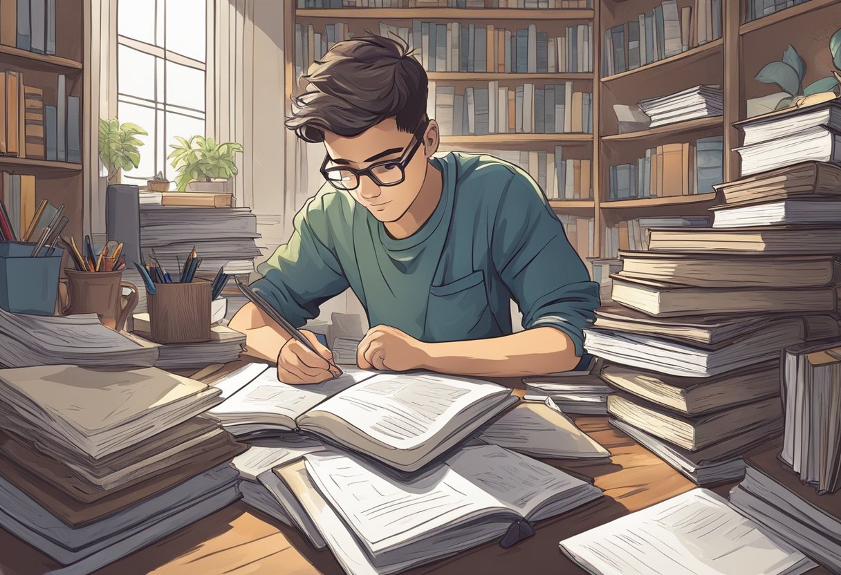 A young man studying diligently at a cluttered desk, surrounded by books and papers. A determined expression on his face as he pursues his education